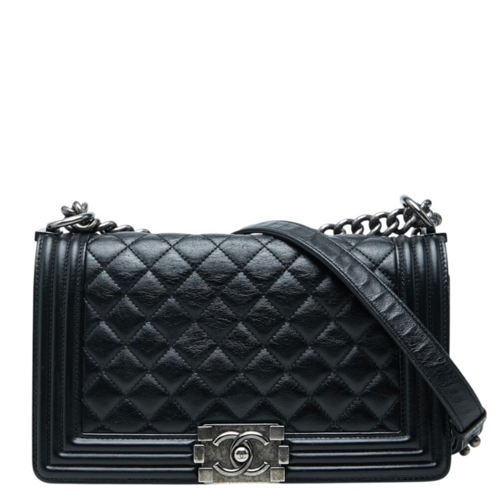Chanel Coco Mark Matelassé Boy 25 Crossbody Chain Shoulder Bag, Black Lambski...